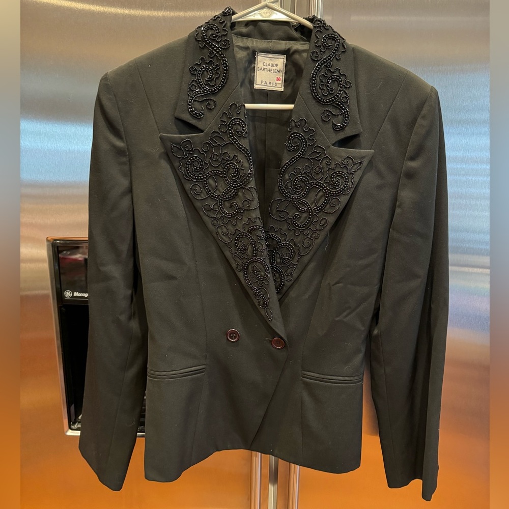 Vintage Claude Barthelemy Embellished Black Wool Blazer Made in France Size 38